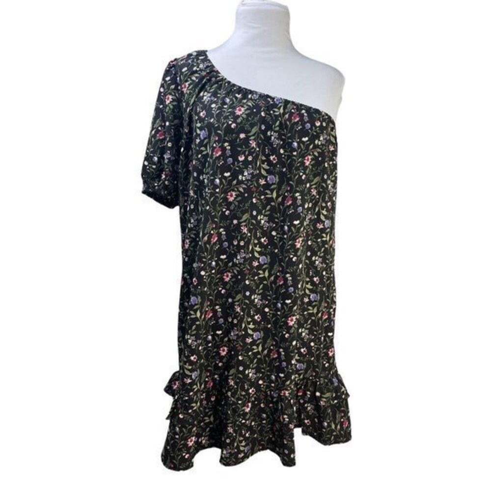 French Grey from Stitch Fix Black Floral Ruffle One Shoulder Dress L NWOT $60